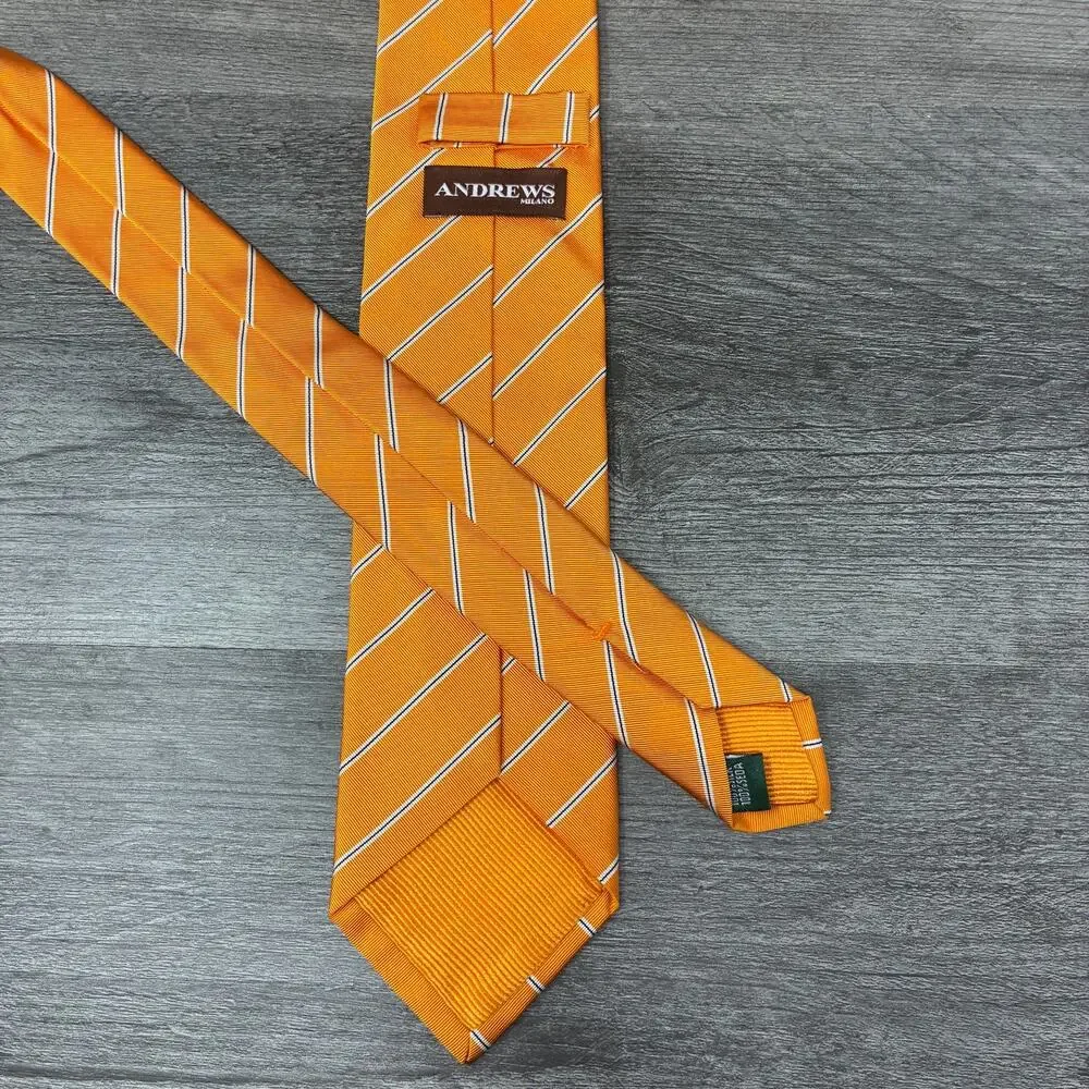 Andrews Milano 100% Silk Tie Orange White Navy Stripe 3